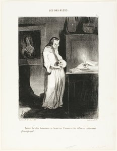 Een humanistische literaire vrouw die zich overgeeft aan de cerebrale filosofische beschouwingen over de mens, plaat 15 uit Les Bas-Bleus door Honoré Victorin Daumier