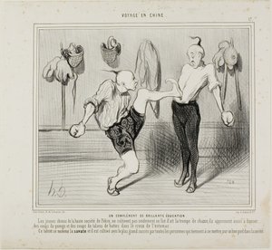 Een aanvulling op een prachtige opvoeding. De jonge Chinezen van de hogere klasse cultiveren niet alleen de kunst van het jachthoorn slaan, ze leren ook stoten uit te delen met de vuist of de hakken van hun laarzen tot in de maag. Dit talent wordt b door Honoré Victorin Daumier