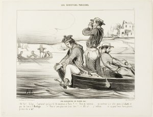 Een ontmoeting in open water. "Hallo... daar beneden... Kapitein, wat is er voor nieuws in Parijs - Niets nieuws eigenlijk... nog steeds gaat er niemand naar de Gaieté of de Ambigu. - Heb je me niets anders te vertellen - Oh ja,... Ik was het vergeten... I
