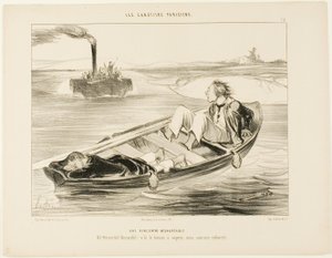Een onaangename ontmoeting. "Bernardel, Bernardel! Hier komt de stoomboot... we zullen zinken!", plaat 16 uit Les Canotiers Parisiens