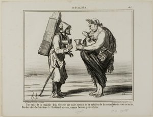 Als gevolg van de wijnziekte, maar ook door de oprichting van de "Society for the Production of Artificial Wine", besluit zelfs Bacchus over te stappen op kokoswater als dagelijkse drank, plaat 407 van Actualités door Honoré Victorin Daumier