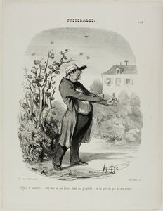 "Brigand van een meikever... jij bent het die al mijn bezittingen verslindt. Je zult vergaan door mijn hand!", plaat 32 uit Pastorales door Honoré Victorin Daumier