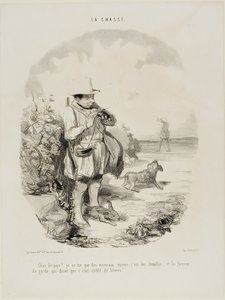 "Verdomd land! Ik schiet alleen mussen.... en alleen vrouwtjes... en deze geniale bewaker stond erop dat het hier vol konijnen zat," plaat 5 van La Chasse door Honoré Victorin Daumier