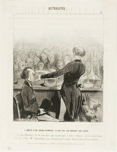 Vriendschap met een groot chemicus is niet altijd een godsgeschenk... "Ik ben zo zeker van mijn bevindingen dat ik nu mijn beste vriend, meneer Coquardeau, zal vergiftigen en arsenicum in zijn bril zal terugvinden," plaat 39 uit Émotions Parisiennes door Honoré Victorin Daumier
