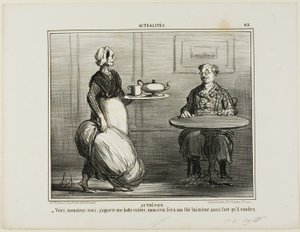 Kruidenthee. "- Alstublieft, meneer, ik dacht ik neem het hele pak hooi mee zodat u zelf kunt beslissen over de sterkte van uw thee," bord 416 van Actualités door Honoré Victorin Daumier