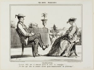 Vakantie op het platteland. "- Het leven op het platteland is echt niet zo vermakelijk, zoals ze allemaal zeggen. - En dan te bedenken dat de lente nog maar net begonnen is," plaat 14 uit Ces Bons Parisiens door Honoré Victorin Daumier