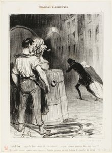 "Hoe dom! Kijk maar hoe ze rennen. Dat krijg je als je op de verkeerde plek bent. Wacht maar af! Vertel het ons de volgende keer van tevoren en we zullen goed voor je zorgen...," plaat 1 uit Émotions Parisiennes door Honoré Victorin Daumier