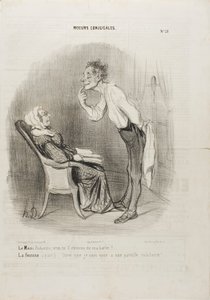 Echtgenoot: "Mijn liefste, wat dacht je van een eerste kus op mijn kin" De vrouw (terzijde): "En dan te bedenken dat ik met dit gezicht getrouwd ben!", plaat 21 uit Moeurs Conjugalesa door Honoré Victorin Daumier