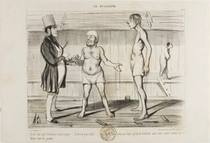 "Het is belangrijk voor een man om te weten hoe hij moet zwemmen. Om te beginnen doet hij het zo slecht nog niet. Je zou kunnen denken dat het een vis is, tenminste zolang hij aan het koord vastzit. Maar hij leert het wel... hij is nog jong!", plaat 5 uit  door Honoré Victorin Daumier