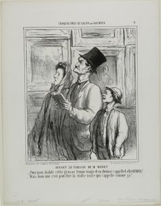Kijken naar het schilderij van Manet. "Waarom heet die dikke vrouw met haar rode gezicht in haar nachthemd Olympia - Maar lieverd, misschien is dat de naam van de zwarte kat," plaat 9 uit Croquis Pris Au Salon par Daumier door Honoré Victorin Daumier