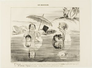 Madame Greluche: "Oh, Gustave, wat goed! Een echte weldadige warmte! Kijk naar onze zoon Loulou; wat een schattig gezichtje trekt hij!" Meneer Greluche: "En Pyramus, hij is bang, bang als een hond. Als je eens wist wat hij nu aan het doen is, de kleine deu door Honoré Victorin Daumier