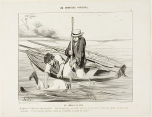 Man overboord! "- Harpoeneer hem steviger! .... anders krijgen we hem niet! En jij, hou zijn benen in de lucht, dat is heel belangrijk.... Er is niets ter wereld waardoor je sneller verkouden wordt dan door natte voeten te krijgen," plaat 14 uit Les Ca door Honoré Victorin Daumier