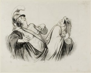 Merope. "Een soldaat van mijn statuur is heel goed in staat om de staat te besturen als die eenmaal met zoveel plezier is verdedigd," plaat 2 uit Physionomies Tragiques (recto); Provost. (in le Puff - Thtre Français) "Le Puff, est l