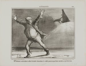 Monsieur Babinet besluit persoonlijk de zon uit te schakelen zodat zijn voorspellingen uitkomen, plaat 386 uit Actualités door Honoré Victorin Daumier