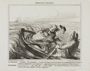 Mme Prudhomme: "- Stomme golven.... weet je wel wie je op dit moment bij je hebt... oh stoutmoedige... weet dat ik je, net als Xerxes, vreselijk zal afranselen. Mme Prudhomme: (bibberend van angst) "- Bid, mijn beste vriend, beledig de zee niet langer... j
