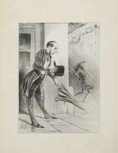 Nieuwe gepatenteerde paraplu, met een verbeterd veersysteem, om snel te openen bij de geringste aanraking.(zie onze advertentie ter zake), plaat 33 van Émotions Parisiennes door Honoré Victorin Daumier
