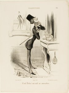 "Oh verdorie! Ik schijn geen knoop te kunnen leggen!" bord 4 van Coquetterie door Honoré Victorin Daumier
