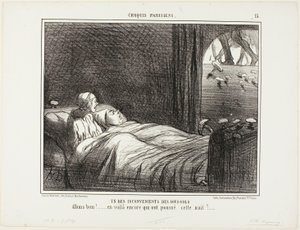 Een van de nadelen van wonen in de kelder. "Kijk, hier zijn er nog een paar die vannacht zijn gegroeid...," plaat 15 van Croquis Parisiens door Honoré Victorin Daumier