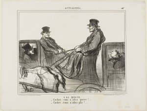 Betaald per minuut. "Chauffeur, u beweegt nauwelijks! - Chauffeur, u beweegt helemaal niet!" bord 447 van Actualités door Honoré Victorin Daumier