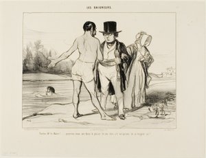 "Pardon, burgemeester ...., wilt u zo vriendelijk zijn om mij te vertellen of zwemmen hier is toegestaan", bord 25 van Les Baigneurs