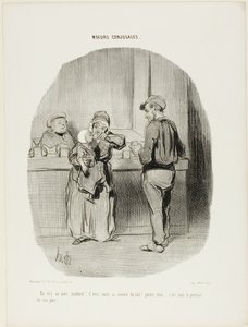 "Regelmatige kleine dronkaard, dat is hij!... hij slikt het door als melk! Arme kleine schat... hij is net zijn vader!," plaat 42 uit Moeurs Conjugales door Honoré Victorin Daumier