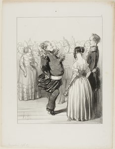 Rifolard opent de bal en voert een gedurfde danspas naar voren uit, die alom wordt geprezen, bord 5 van Les Banqueteurs door Honoré Victorin Daumier