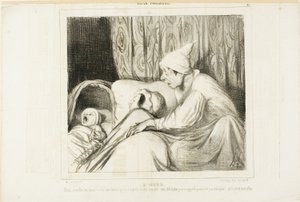 Gehoor. "- Word wakker Nini! .... Ik roep haar al meer dan een uur en ze antwoordt steeds: ja Adolphe. Maar noch het kind, noch ik heet Adolphe!", plaat 41 uit Types Parisiens door Honoré Victorin Daumier