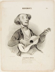 De Amateur Gitarist. Terwijl hij ieders geeuw trotseert, Terwijl hij zijn miezerige vers zingt, Zou hij een gezelschapsliedje zingen, Op de ruïnes van het universum...," plaat 4 uit Monomanes