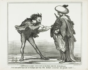 De keizer van Marokko in overleg met de beroemde magiër Desbarolles. "- Deze kleine lijn hier geeft voor mij aan dat je een koninklijke aframmeling gaat krijgen!", plaat 126 uit Actualités door Honoré Victorin Daumier