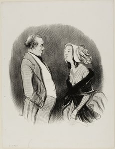 De verloving van een artiest. "- Dus je wilt een engagement in mijn theater..... heel goed Mademoiselle...... aangezien je zo mooi bent, het zal 1200 Francs zijn.... dat is natuurlijk wat je me elk jaar zal betalen! - Ik accepteer... onder de voorwaarde da door Honoré Victorin Daumier