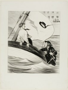 De windvlaag. "- Oh blast! Ik ben mijn hoed kwijt! - Maak je geen zorgen.... want het is waterpoef.... je zult geen probleem hebben om hem terug te vinden in Rouen!," plaat 17 uit Les Canotiers Parisiens door Honoré Victorin Daumier