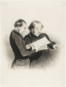 De geïllustreerde Rebus. "Bijzonder! Ik kan de rebus in de Charivari van vandaag niet raden! - Ik denk dat ik één woord heb - ik heb meerdere woorden - ik heb alles! Ik moet rennen en het mijn vrouw vertellen," plaat 39 uit Les Beaux Jours De La Vie door Honoré Victorin Daumier
