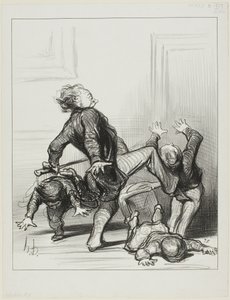 De invloed van het Vredescongres. "Oh jullie schurken, jullie vechten weer... jullie weten nog steeds niet dat de mens in vrede moet leven en meester over zichzelf moet zijn," plaat 8 uit Actualités door Honoré Victorin Daumier
