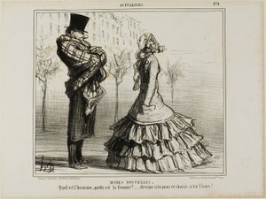 De nieuwe mode. Wat is de man, wat is de vrouw... Raad het als je kunt en kies als je durft, plaat 270 van Actualités door Honoré Victorin Daumier