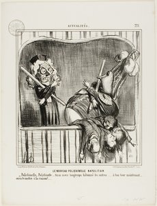 De nieuwe Napolitaanse hansworst. "- Polichinelle, Polichinelle, je hebt de anderen lang genoeg tegen je in het harnas gejaagd... nu is het jouw beurt. We zullen je tot rede brengen...," plaat 221 van Actualités door Honoré Victorin Daumier