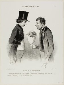 De openingsavond! "Wat! Zelfs mijn portier biedt me bloemen aan!... Zegen mijn ziel, deze komedie gaat me een fortuin kosten... Ik begin er spijt van te krijgen dat hij niet helemaal van het toneel is verdwenen," plaat twaalf uit Les beaux jours de la vie door Honoré Victorin Daumier