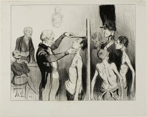 Het wervingsbureau. "Is het geen glorieus gezicht: deze nobele jonge Fransen vol vuur, kracht en elegantie klaar om hun eer te verdedigen onder de vlaggen van Mars," plaat 35 uit Caricatures Du Jour door Honoré Victorin Daumier