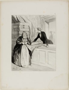 De bedrieger van de verkoper. - Een ontwerp uit de mode. "Dit soort stof heeft een verrukkelijke tint; Madame is de eerste aan wie ik het heb laten zien.... al onze jonge vrouwen zullen elkaar er kapot voor scheuren. Wat een charmant ontwerp .... het zou p door Honoré Victorin Daumier
