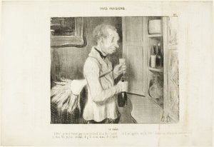 De smaak. "Wauw, het verbaast me niets meer dat deze kerel zo temperamentvol is... en hij noemt me een oud beest! Laat me er elke ochtend zo eentje nemen, dan ben ik ook vol goede moed," bord 40 van Types Parisiens door Honoré Victorin Daumier