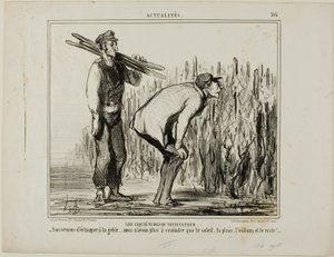 De zorgen van een wijnboer. "- We zijn ontsnapt aan de vorst..... we hoeven ons nu alleen nog maar zorgen te maken over de zon, de regen, de wijnruit en al de rest...," bord 397 uit Actualités door Honoré Victorin Daumier