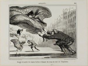 Het gevaar van het dragen van hoepelrokken tijdens een plotselinge lentestorm, plaat 26 uit La Crinolomanie