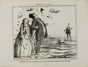 Het nadeel van schieten op jonge patrijzen met de nieuwe explosieve kogels van Devisme, plaat 17 uit Émotions De Chasse door Honoré Victorin Daumier