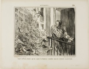 Gezicht op de straten van Parijs na de opvoering van de beroemde moralistische komedie "La Bourse", plaat 330 uit Actualités door Honoré Victorin Daumier
