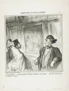 "Wat een idioten! Je schildert een religieus schilderij voor ze en ze lachen.... ze hebben niet eens een toewijding voor kunst!...," plaat 4 uit Croquis Pris Au Salon par Daumier door Honoré Victorin Daumier