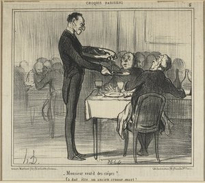 "Zou Monsieur wat crêpes willen... - Hij moet een begrafenisondernemer zijn geweest," plaat vijf uit Croquis Parisiens (Parijse Schetsen)