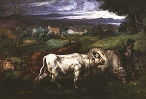 Vee en een drijver in een landschap