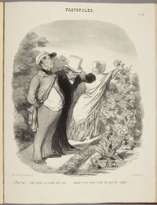 Nou ja!... daar plukt ze een roos voor me... alsof rozen gemaakt zijn om geplukt te worden!... door Honoré Daumier