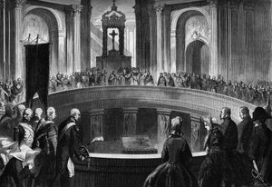 Verjaardag van de dood van Napoleon I, 5 mei 1863: herdenkingsmis gevierd in de Invalides, in Parijs, in aanwezigheid van voormalige soldaten van het Napoleontische leger. Gravure in 