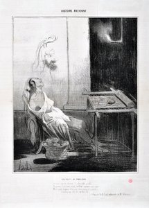 Kunstwerk door Honore Daumier (1808-1879) Charivari dateert uit 1842: Serie HISTORIE ANCIE Les Nuits de Penelope Van haar afwezige echtgenoot het aanbiddelijke profiel, Voor altijd schitterde in haar zachte ogen als een ster Maar om drie jaar te weven en h door Honoré Daumier