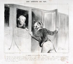 Kunstwerk door Honore Daumier (1808-1879). Charivari dateert uit 1843: Serie LES SPOORWEGEN Het gevaar van in slaap vallen tijdens een reis -Wakker worden meneer en uitstappen! - Waar rijden we naartoe? - Maar Rouen parbleu! - In Rouen en ik die alleen naa door Honoré Daumier